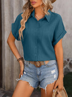Textured Button Up Cap Sleeve Shirt (2)