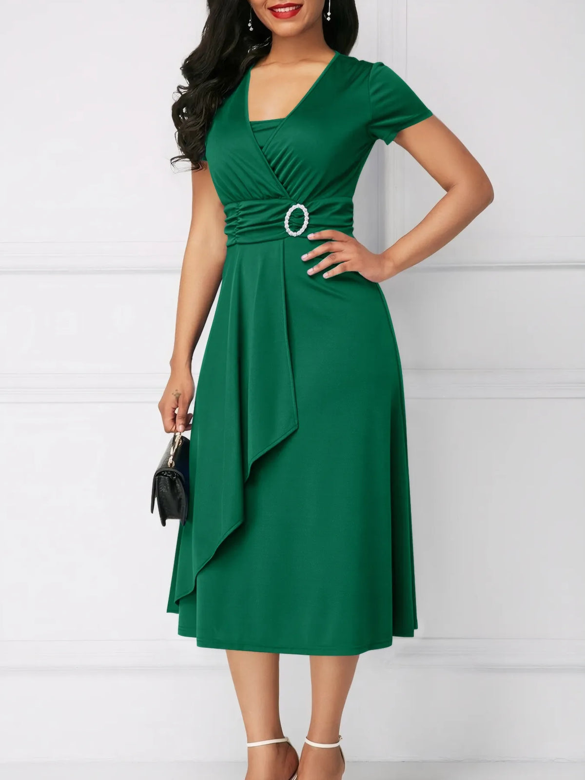 Short Sleeve Midi Wrap Dress Belt Detail