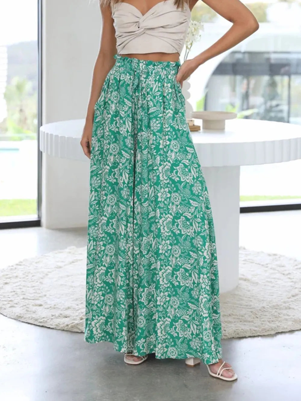 Drawstring Paperbag Waist Printed Wide Leg Pants (16)