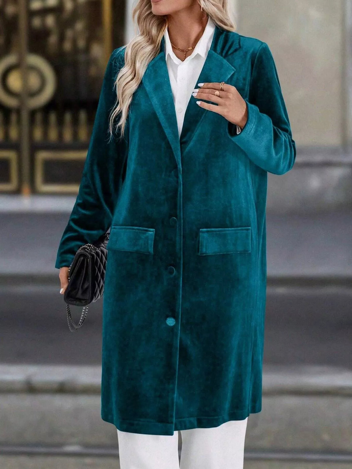 Lapel Collar Long Sleeve Longline Coat (2)