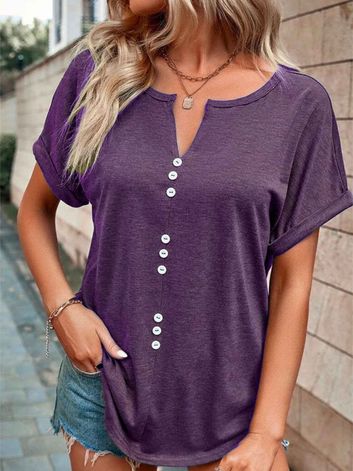 Full Size Decor Button Short Sleeve T-shirt Plus (18)