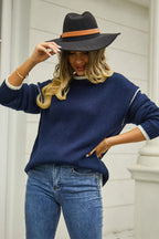 Round Neck Long Sleeve Waffle-knit Sweater (3)