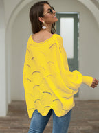 Full Size Boat Neck Lantern Sleeve Openwork Knit Top (7)