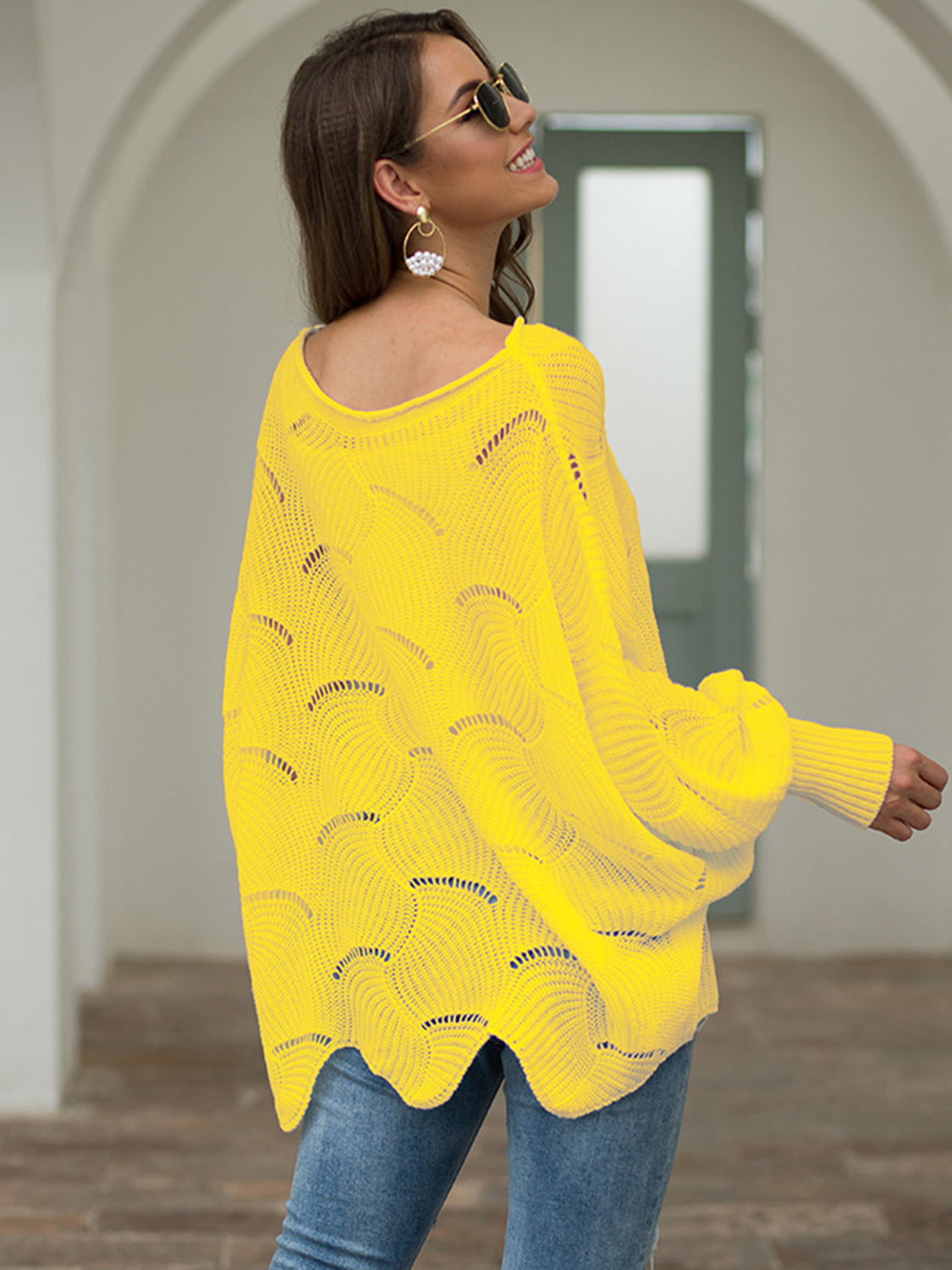 Full Size Boat Neck Lantern Sleeve Openwork Knit Top (7)