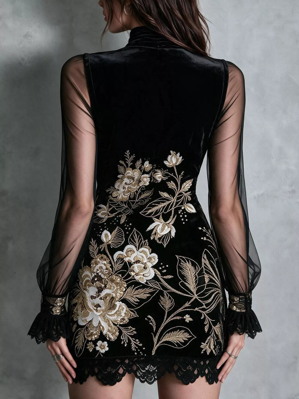 Floral Velvet Mini Dress Sheer Mesh Sleeves (19)