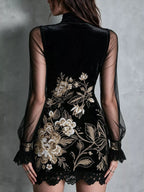 Floral Velvet Mini Dress Sheer Mesh Sleeves (19)