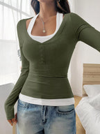 Scoop Neck Long Sleeve Fake Two-piece T-shirt (8)