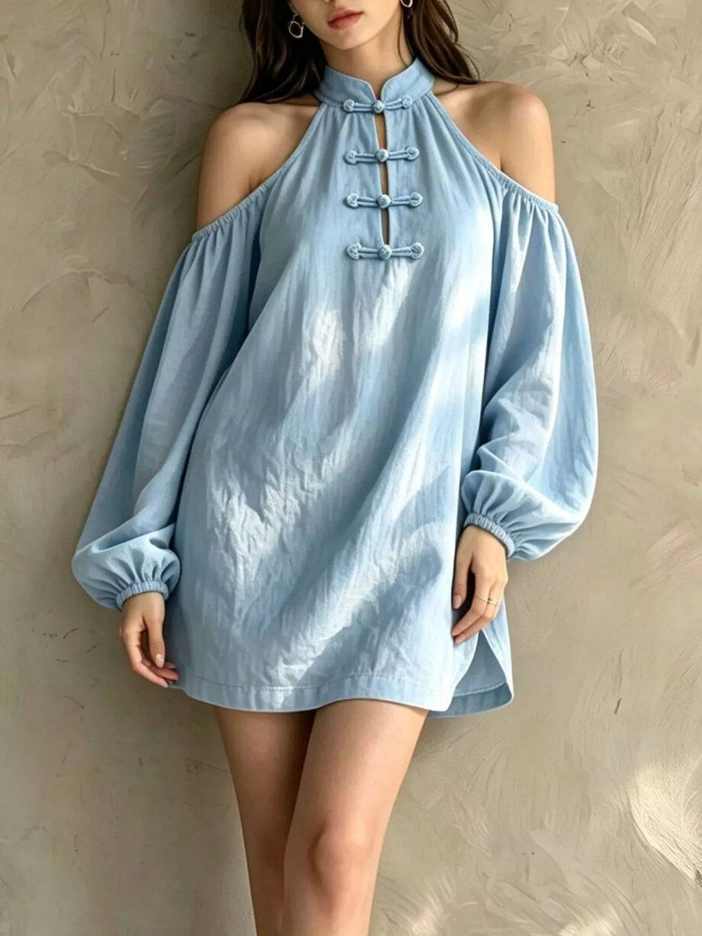 Cold-shoulder Balloon Sleeve Mini Dress