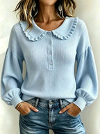 Full Size Ruffle Collar Button Detail Sweater Plus