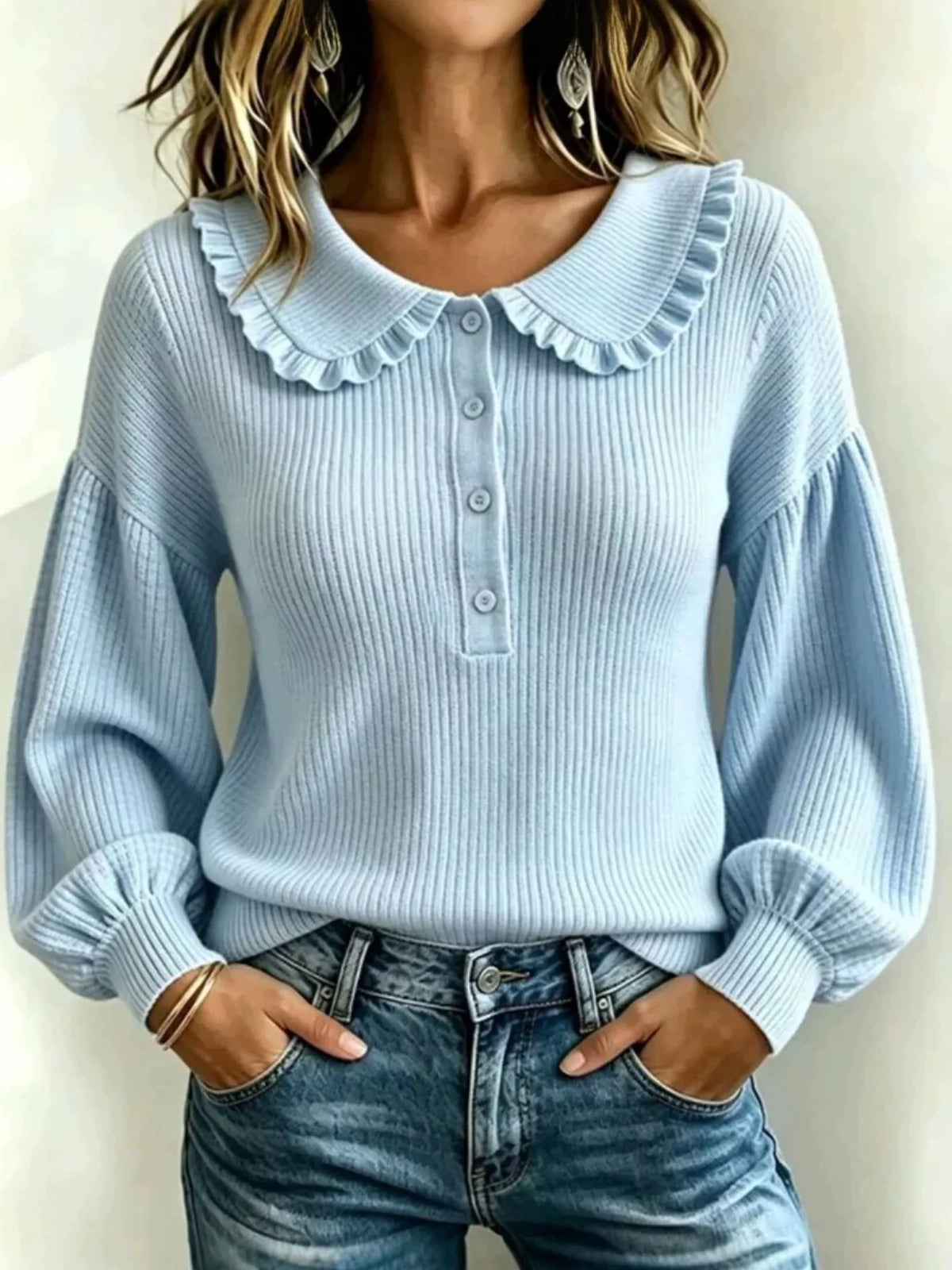 Full Size Ruffle Collar Button Detail Sweater Plus