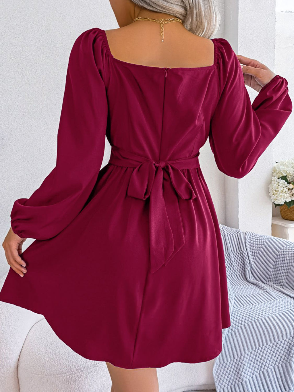 Tied Square Neck Balloon Sleeve Dress (2)