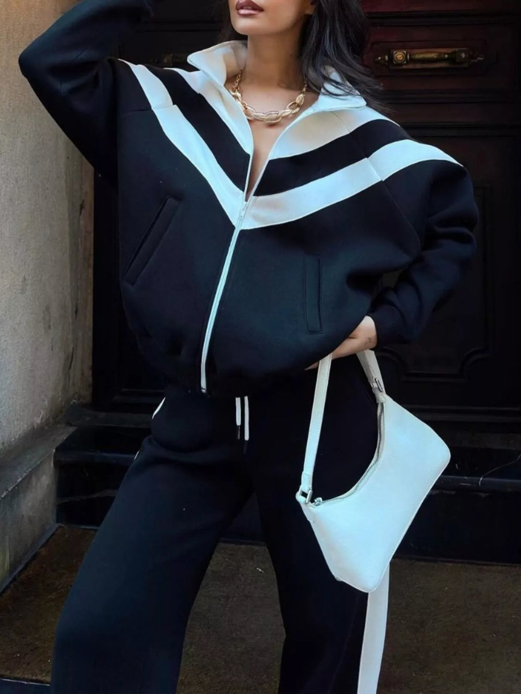 Block Zip-up Outerwear Pants Set (2)