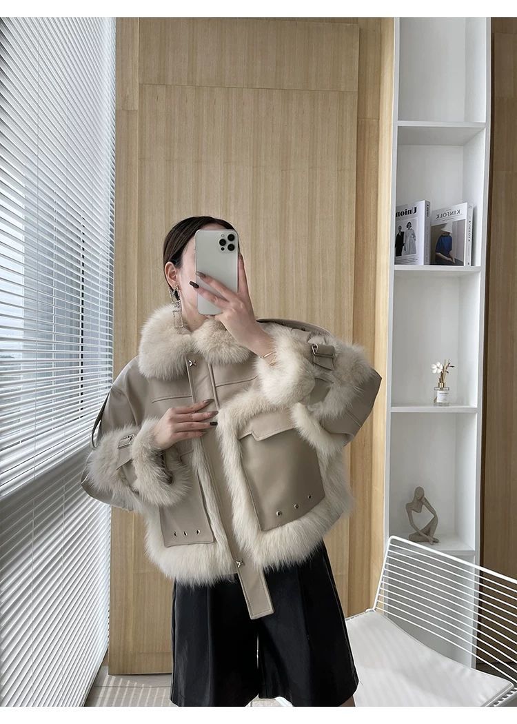 Sense Fox Fur Stitching Leather Coat photo 13