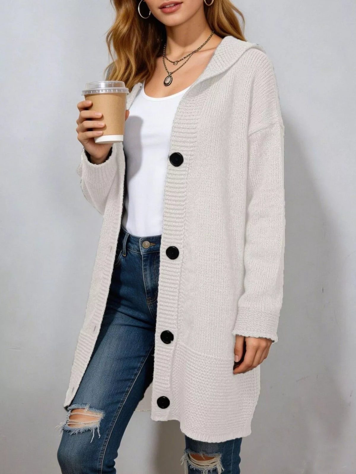 Full Size Casual Hooded Button-down Knit Cardigan Plus (4)