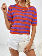Openwork Striped Round Neck Short Sleeve Knit Top (6)
