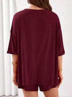 Casual Solid Color V-neck Top Shorts Set (21)