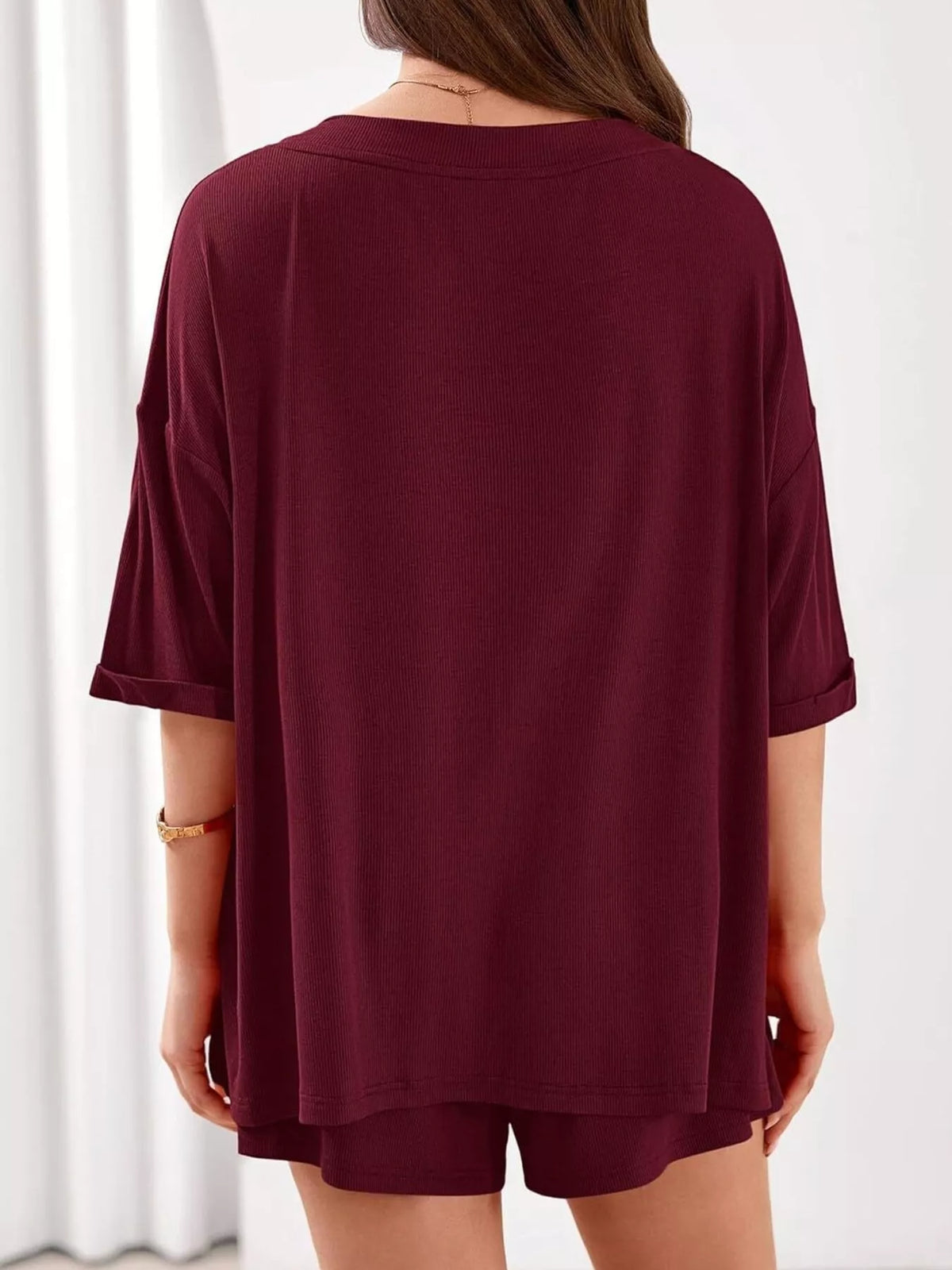Casual Solid Color V-neck Top Shorts Set (21)