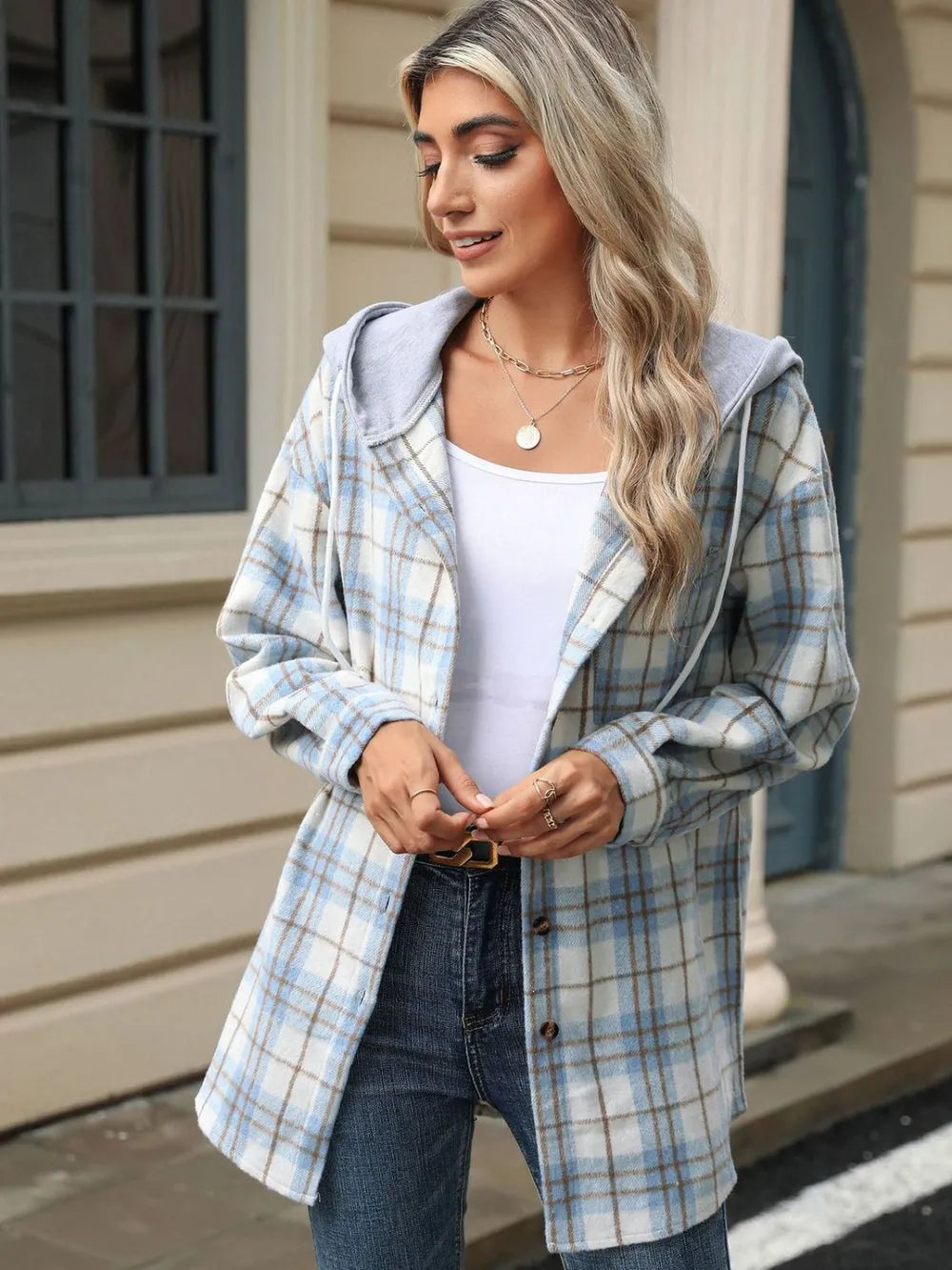 Drawstring Plaid Button Up Hooded Jacket (16)