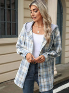 Drawstring Plaid Button Up Hooded Jacket (16)