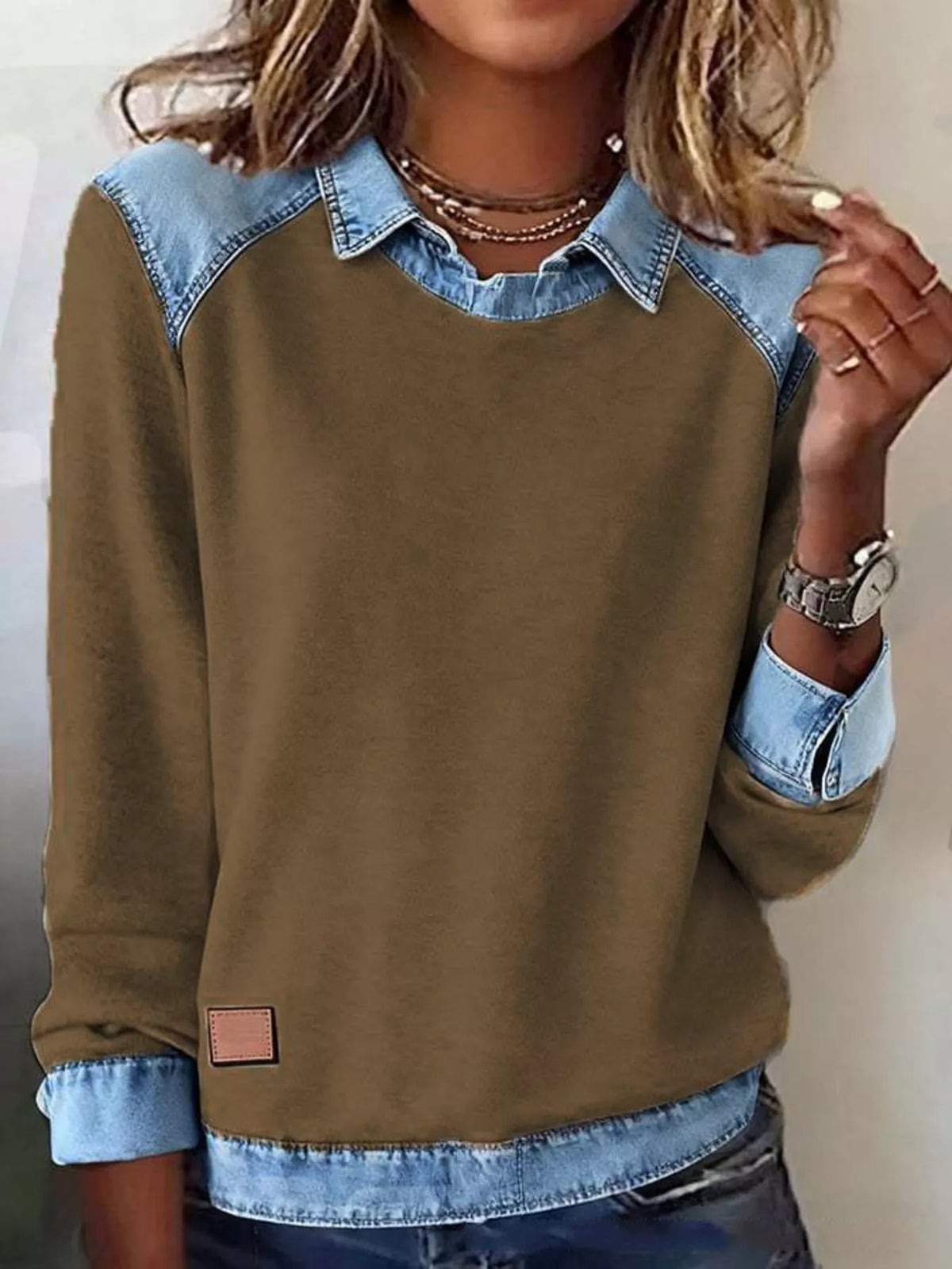 Full Size Denim Trim Long Sleeve Top Plus (13)
