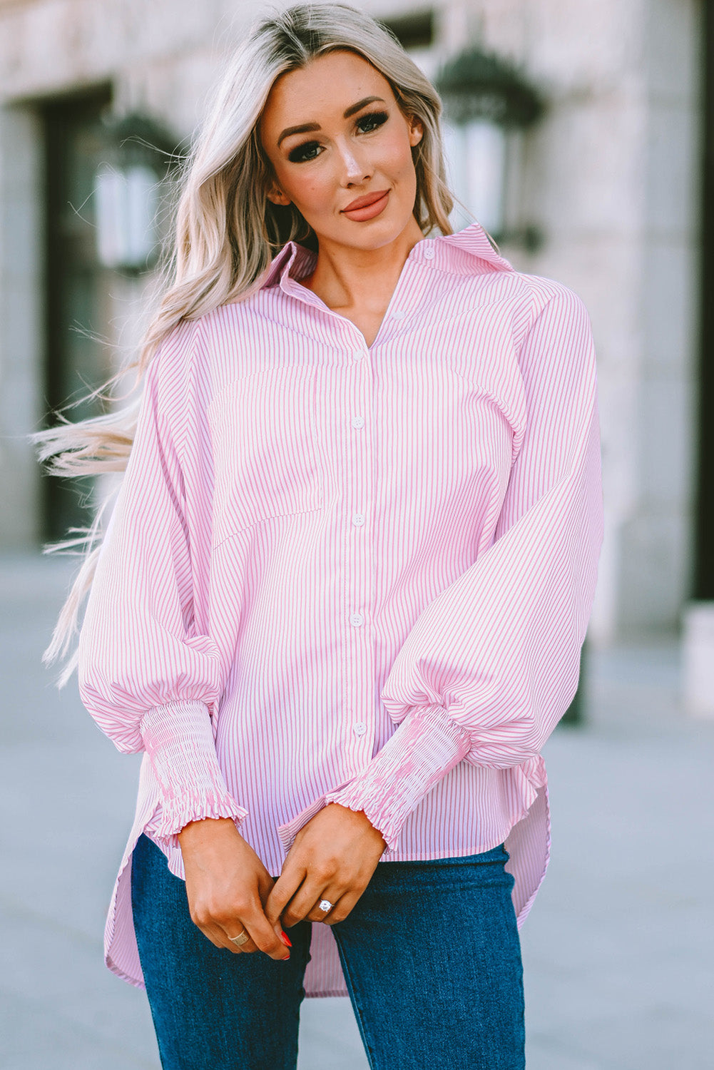 Striped Lantern Sleeve Collared Shirt (10)