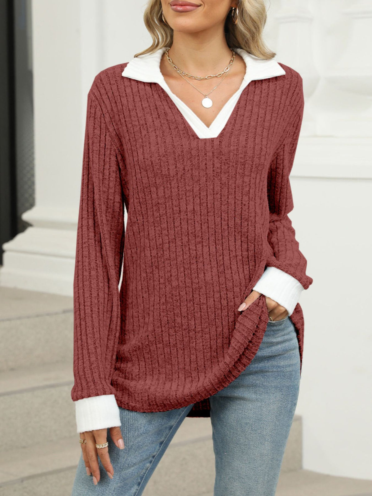 Ribbed Knit Long Sleeve T-shirt (28)