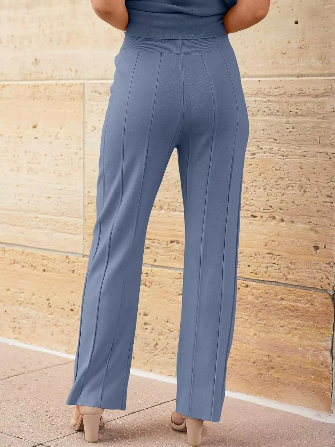 Casual Solid Color Cap Sleeve Top Pants Knit Set (35)