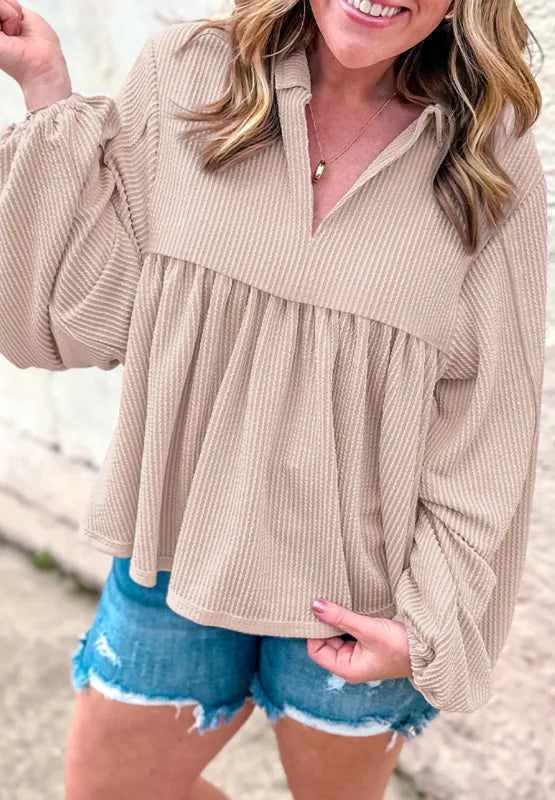 Corded Johnny Collar Long Sleeve Babydoll Blouse (18)