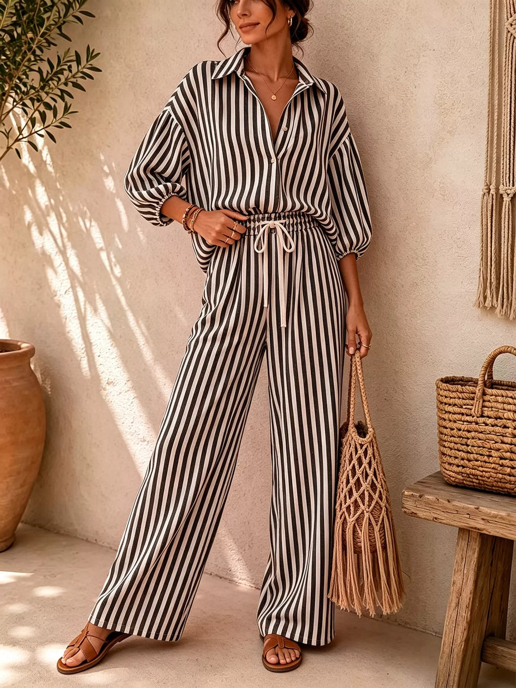 Striped Collared Shirt Wide-leg Drawstring Pants Set (2)