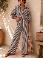 Striped Collared Shirt Wide-leg Drawstring Pants Set (2)