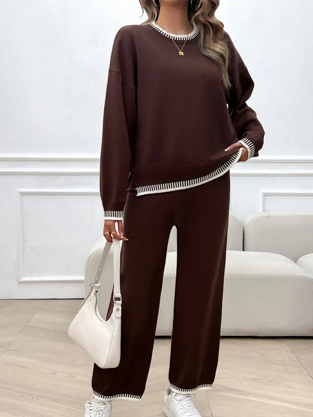 Round Neck Dropped Shoulder Top Pants Sweater Set (17)