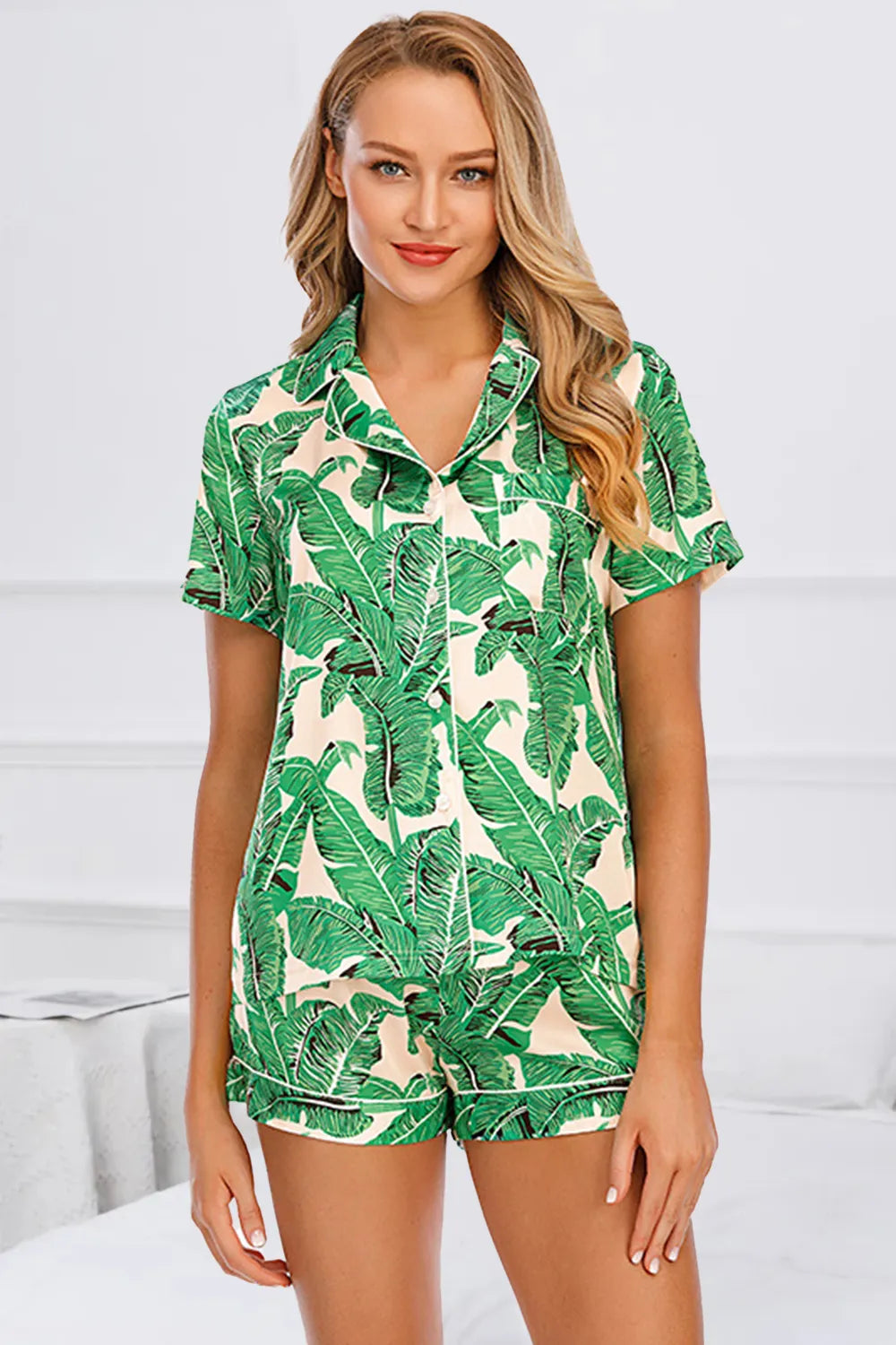 Printed Button Up Short Sleeve Top Shorts Lounge Set (9)
