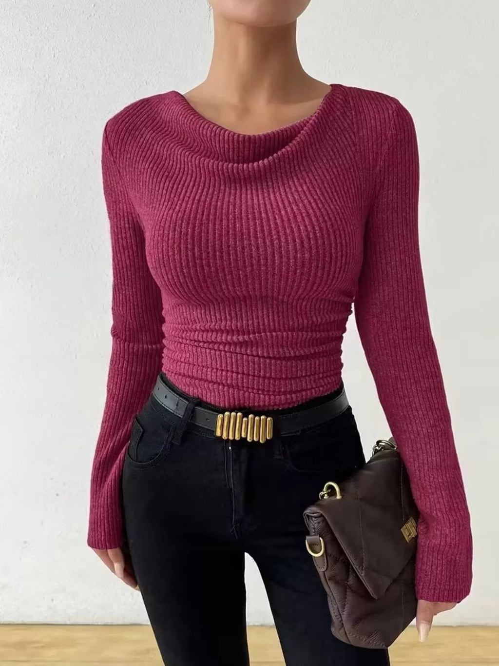 Cowl Neck Ribbed Knit Top (3)