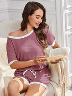 Ribbed Short Sleeve Top Shorts Set (6)