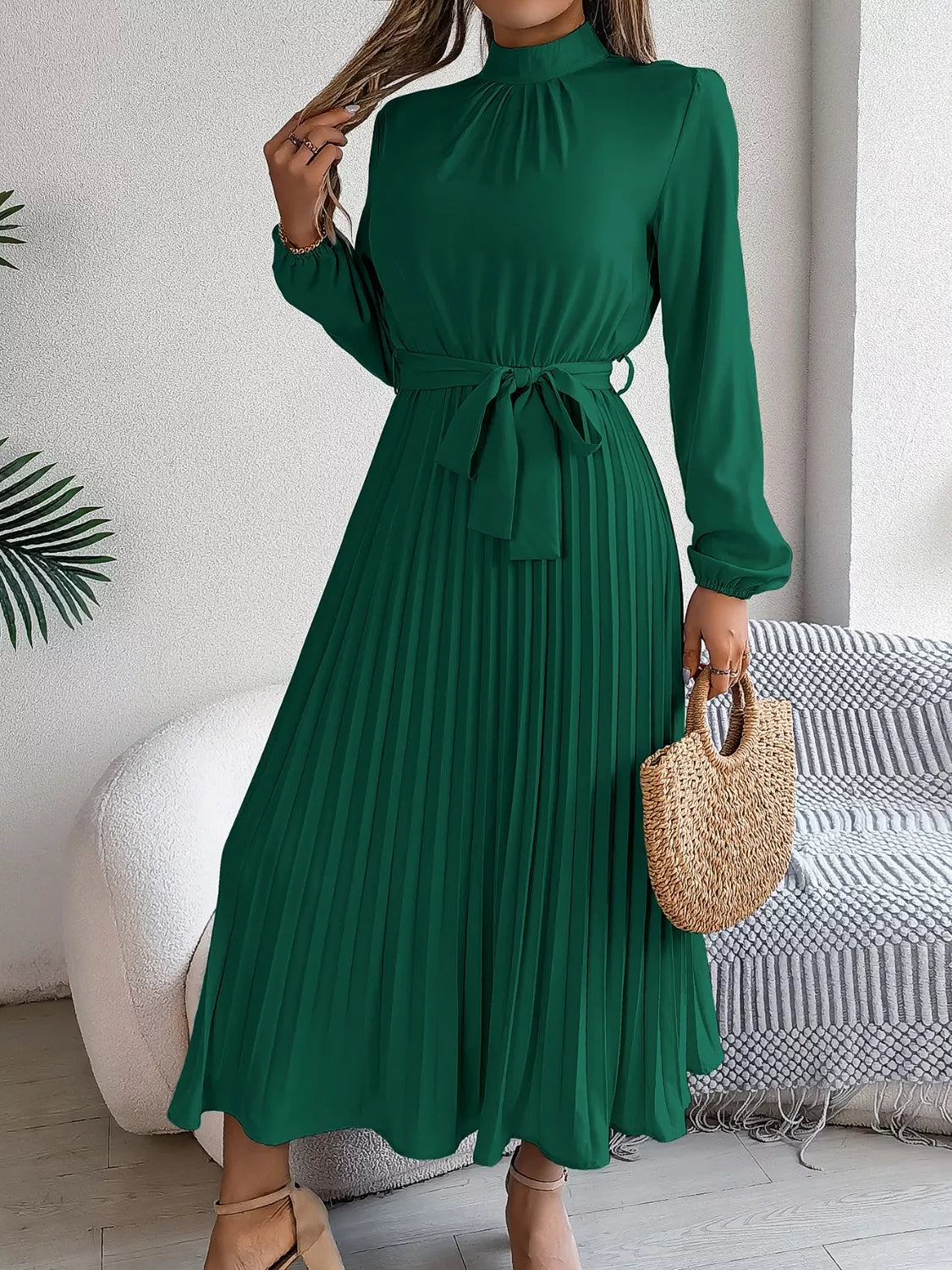 Mock Neck Pleated Midi Dress (14)