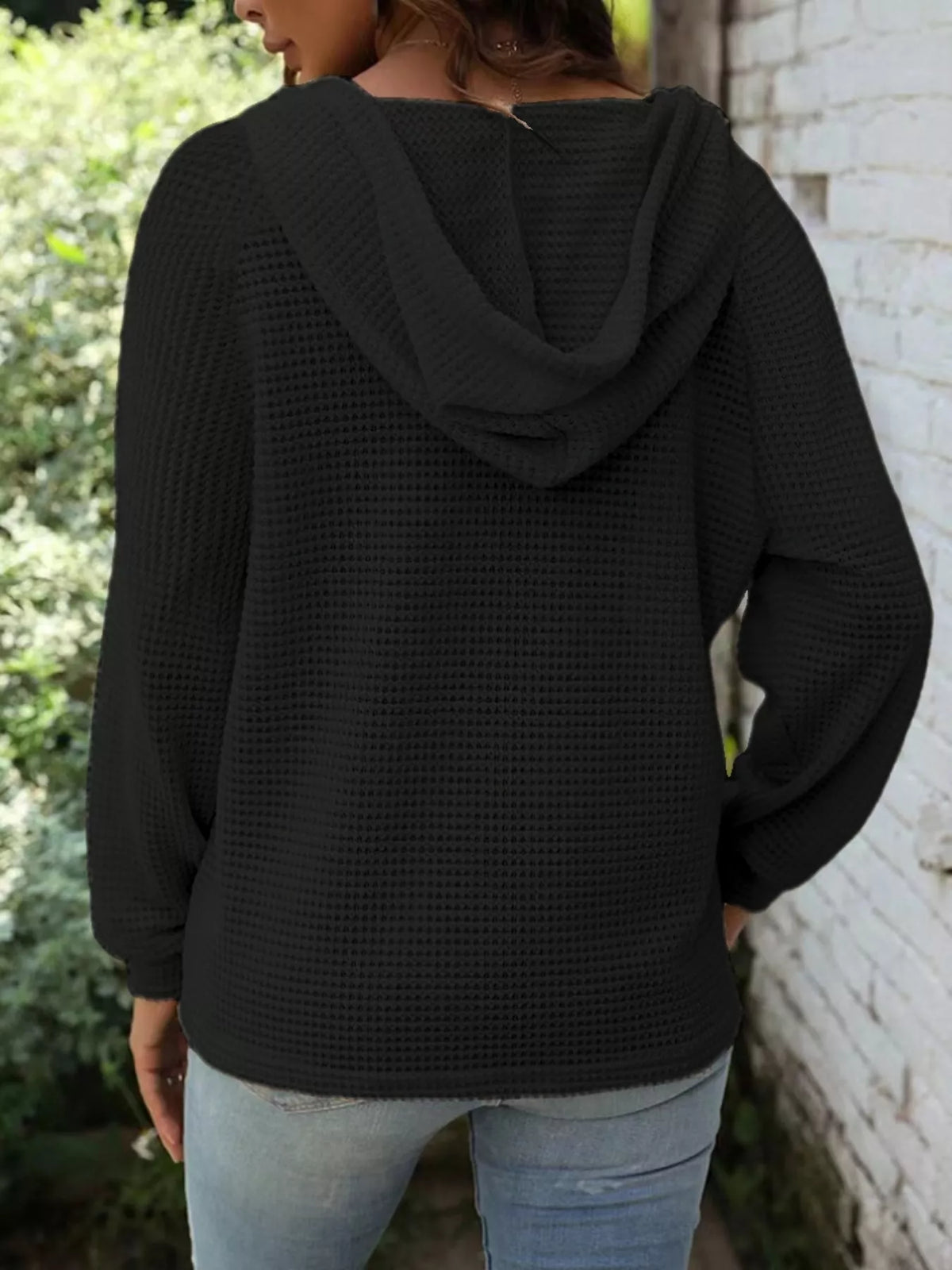 Full Size Button Detail Waffle Knit Hoodie Plus (5)