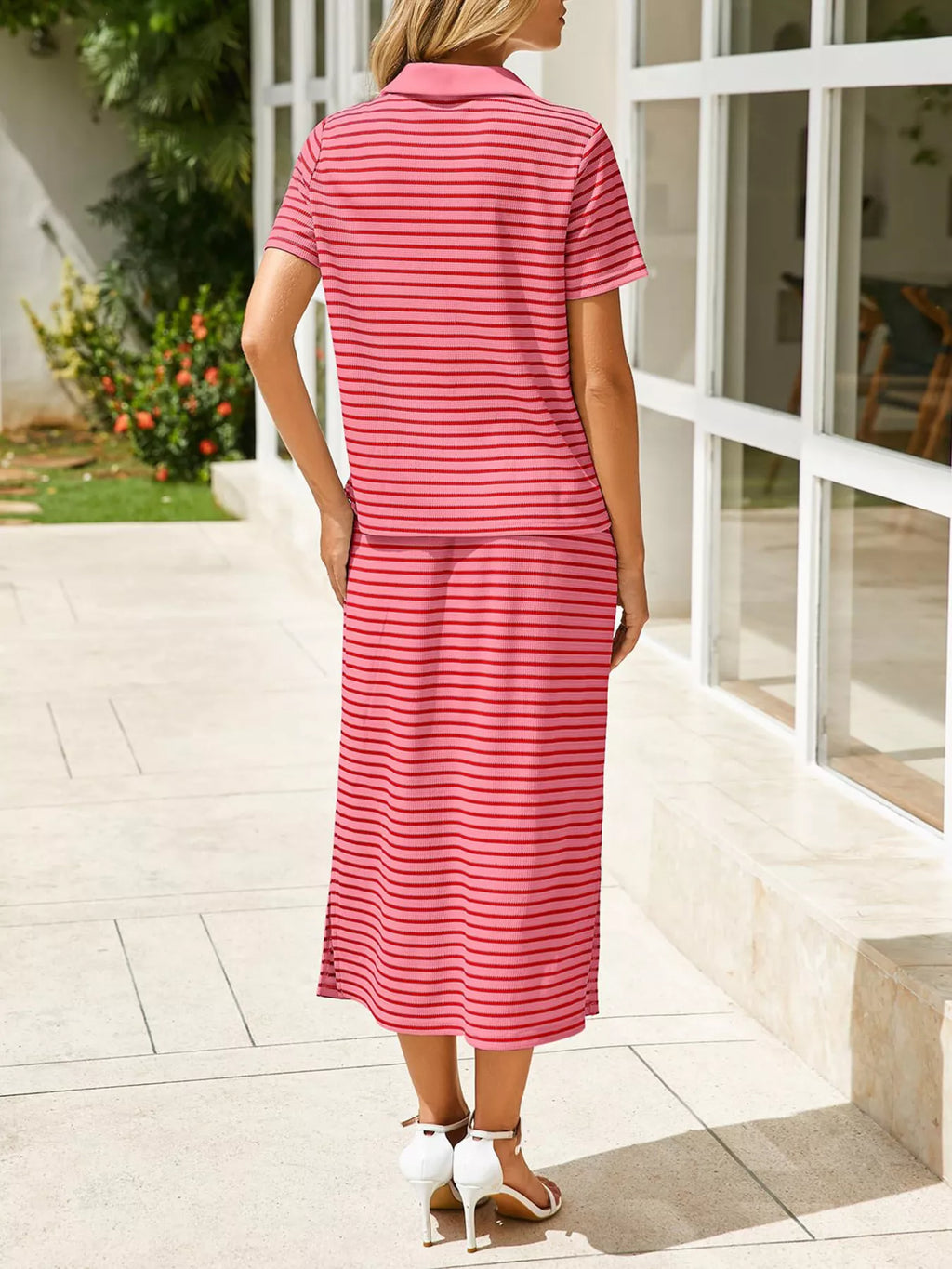Striped Polo Collar Top Slit Skirt Two-piece Set (17)