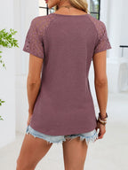 Lace Sleeve V-neck Waffle Knit T-shirt (6)