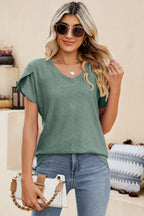 Eyelet V-neck Petal Sleeve T-shirt (18)