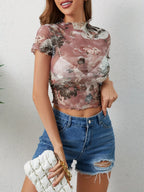 Abstract Print Ruffled Mock Neck Crop T-shirt (7)