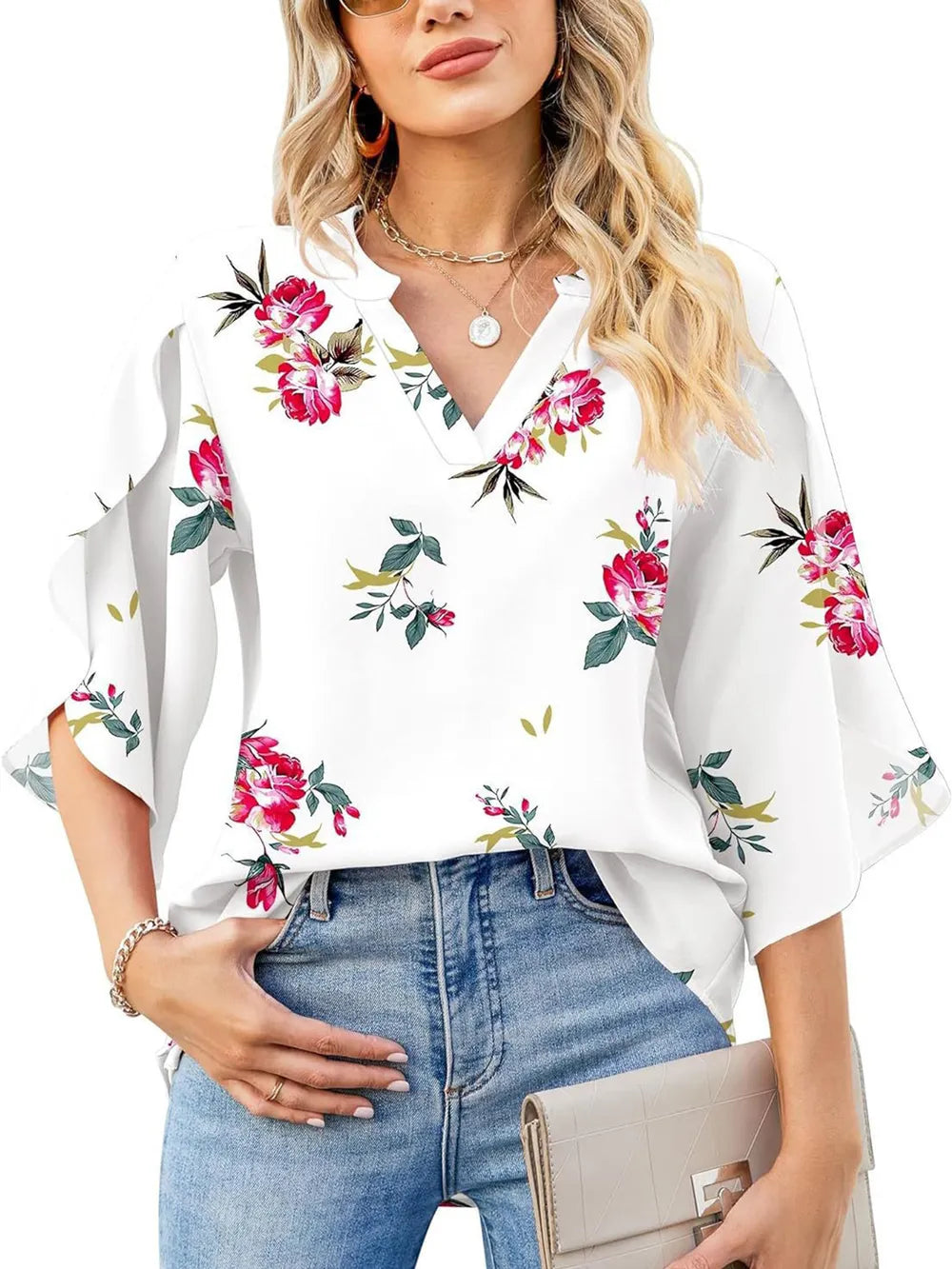 Printed Notched Half Sleeve Blouse (24)