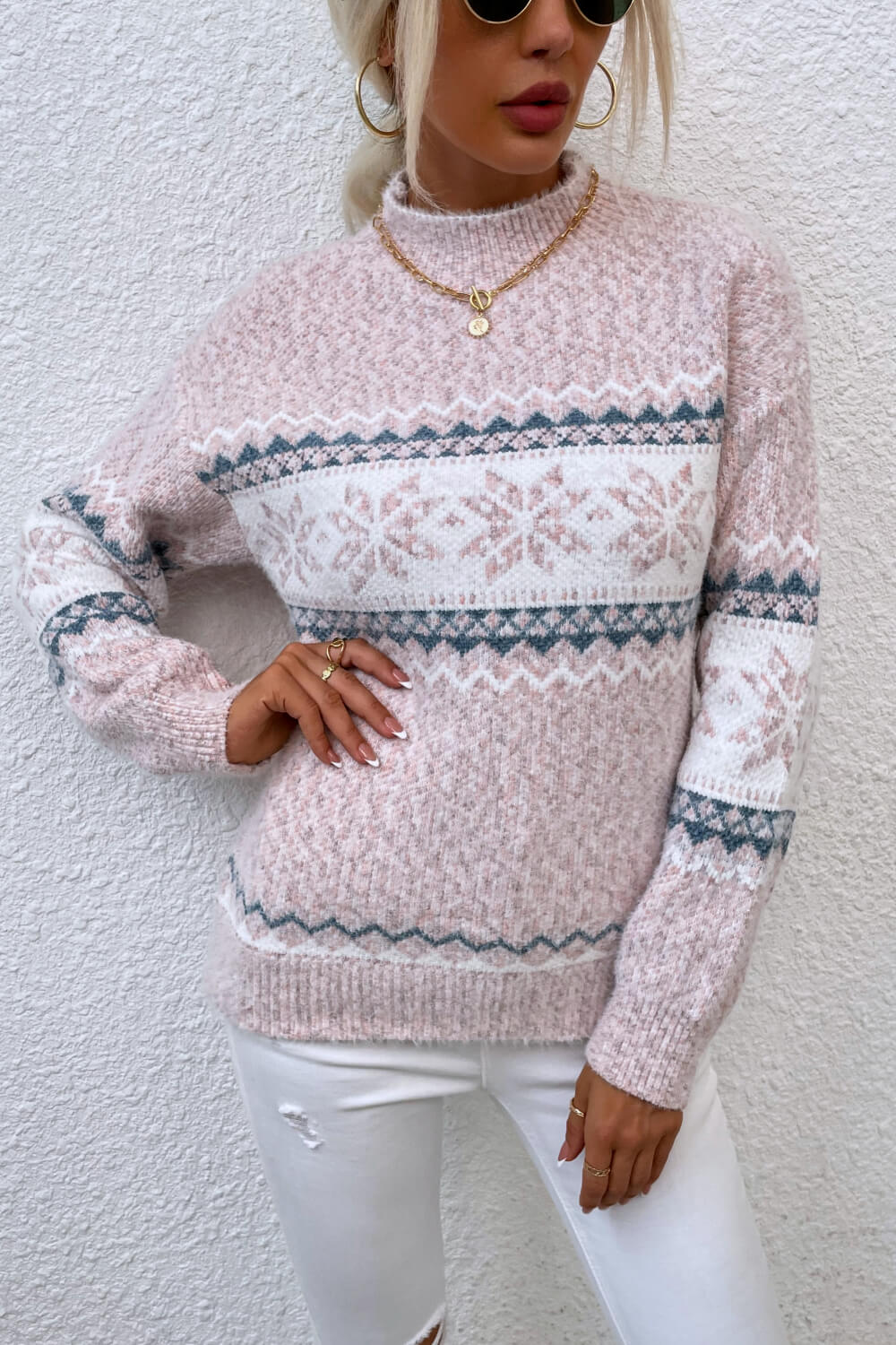 Snowflake Pattern Mock Neck Sweater (12)