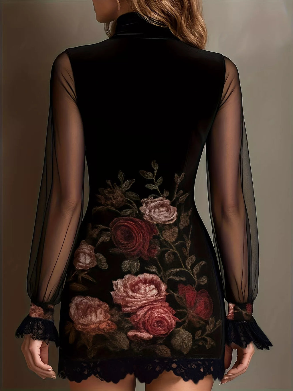 Floral Velvet Mini Dress Sheer Mesh Sleeves (11)