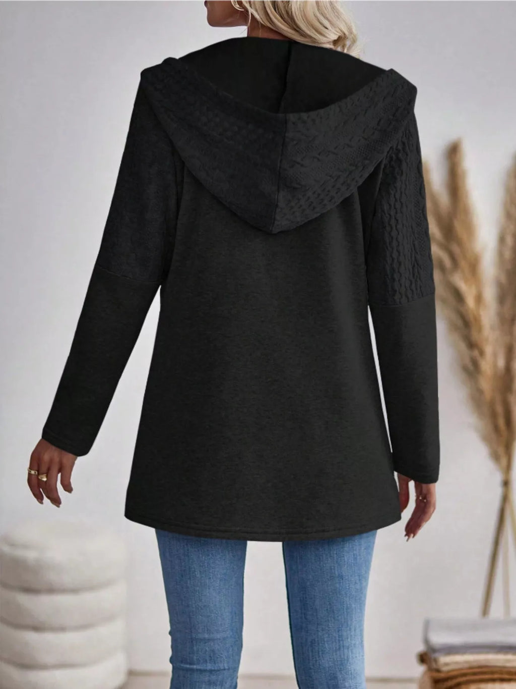 Drawstring Textured Zip Up Hooded Jacket (10)