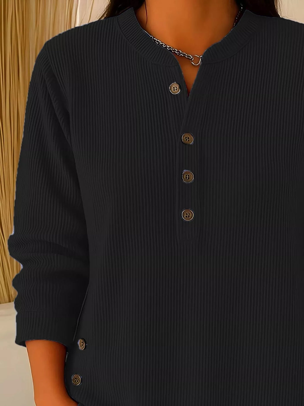 Full Size Ribbed Half Button Henley Top Plus (8)