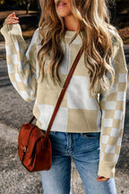Checkered Round Neck Drop Shoulder Sweater (9)