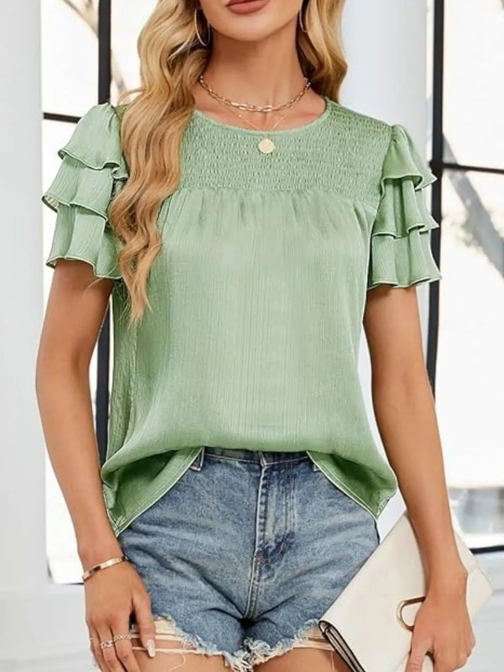 Smocked Round Neck Ruffled Layered Sleeve Blouse (12)