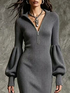 Ribbed Knit Quarter-zip Lantern Sleeve Sweater Dress (5)