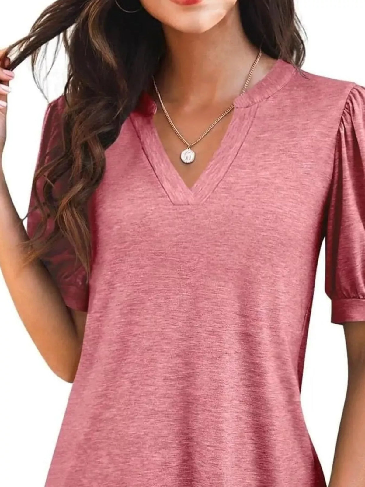Puff Sleeve Notched Casual T-shirt (17)