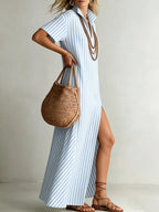 Striped High Slit Maxi Shirt Dress (2)